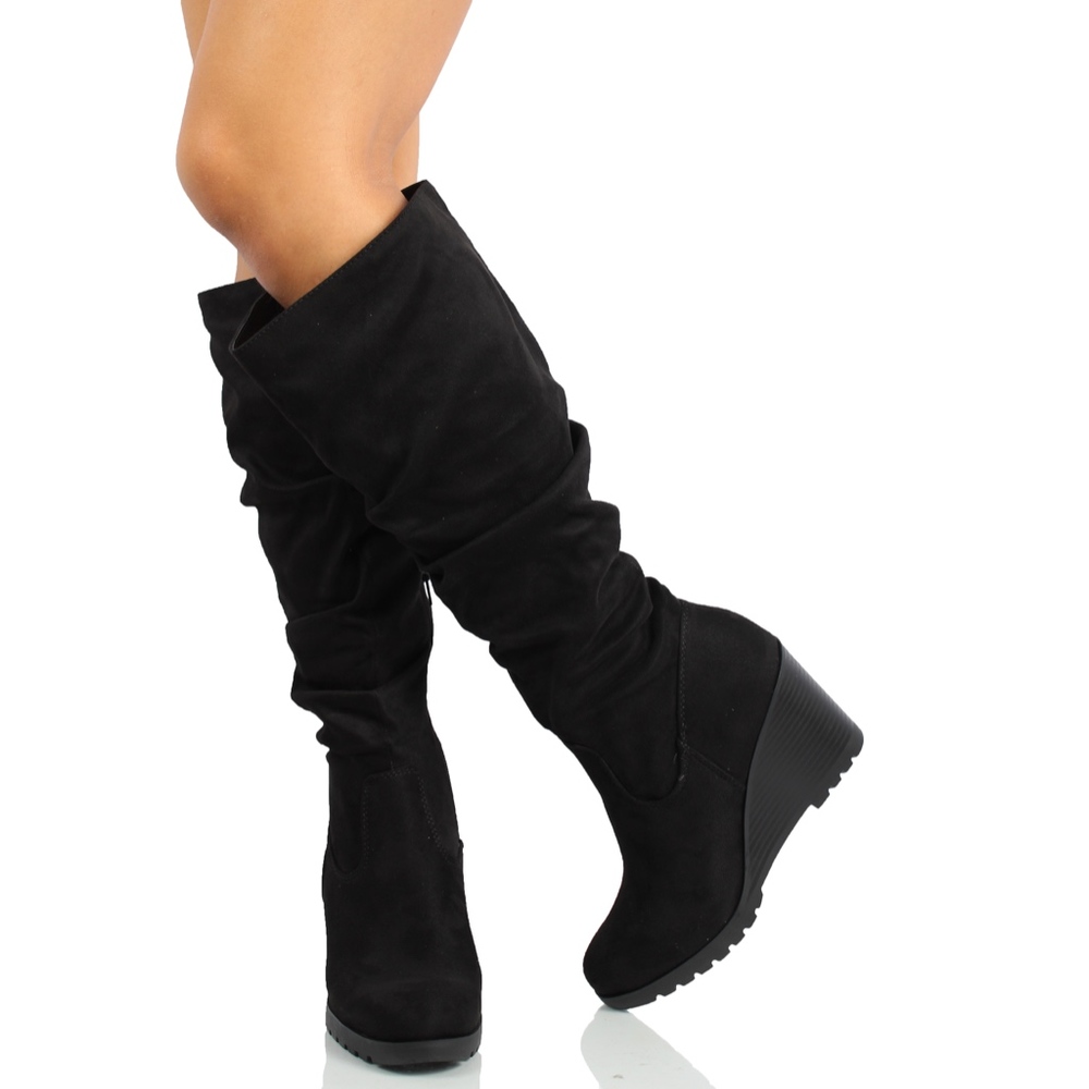 Size 6 Black Faux Suede Slouchy Stacked Wedge Knee - Picture 5 of 6